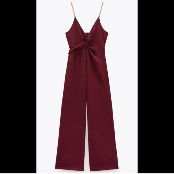 Zara Chain Strap Knotted Jumpsuit in Burgundy Size Medium - Picture 3 of 8